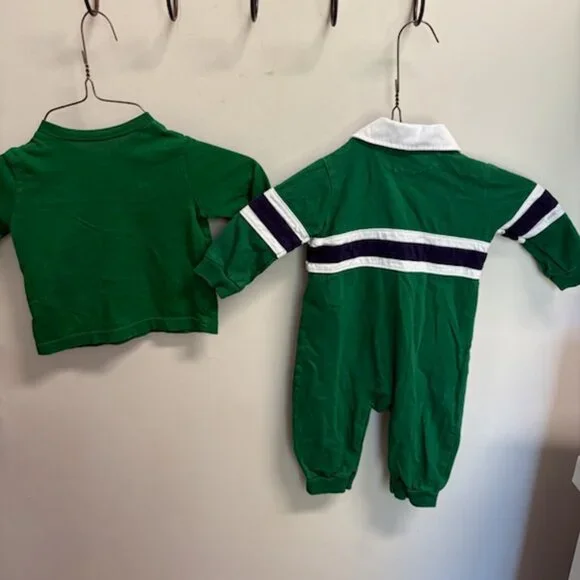 Ralph Lauren Green, Navy, White Rugby-Stripe 6 Month Romper with Bonus Shirt - Picture 2 of 4